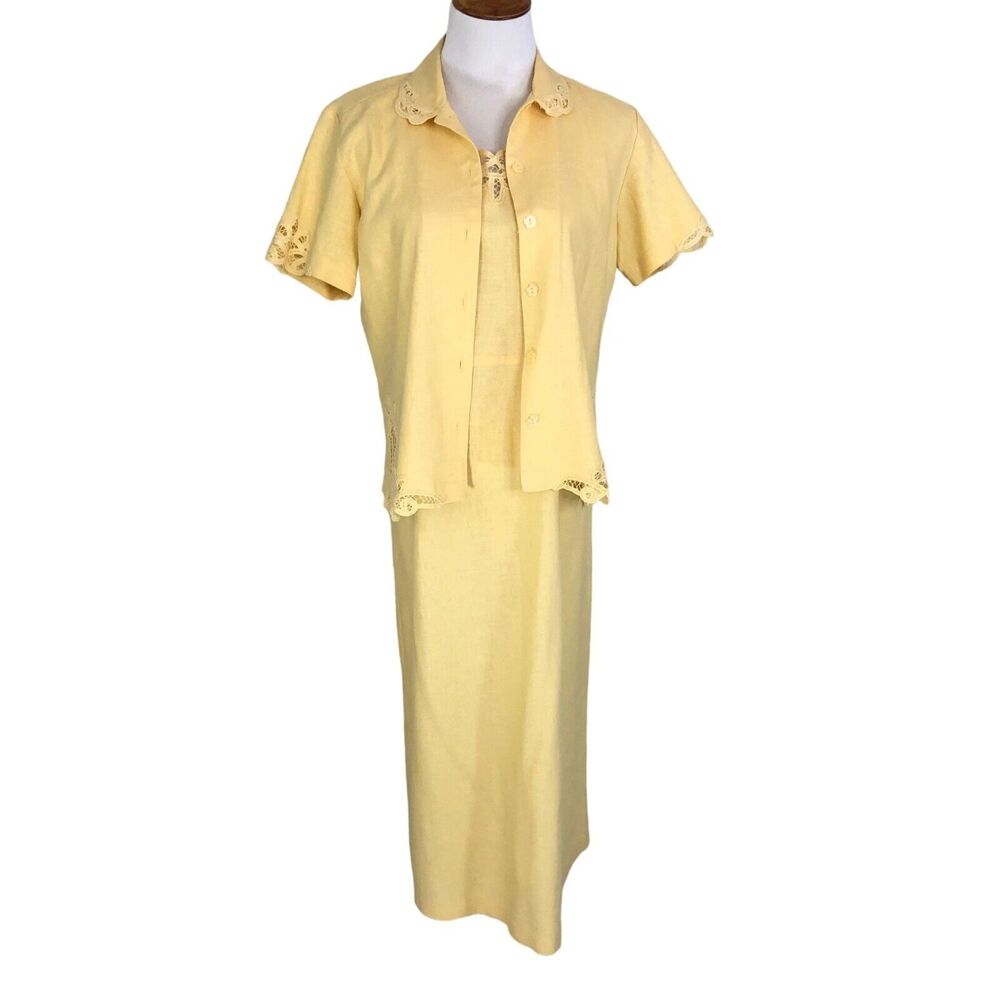 Linen Midi Jacket Dress Button Front Jacket Blouse Eyelet Lace Trim Erika